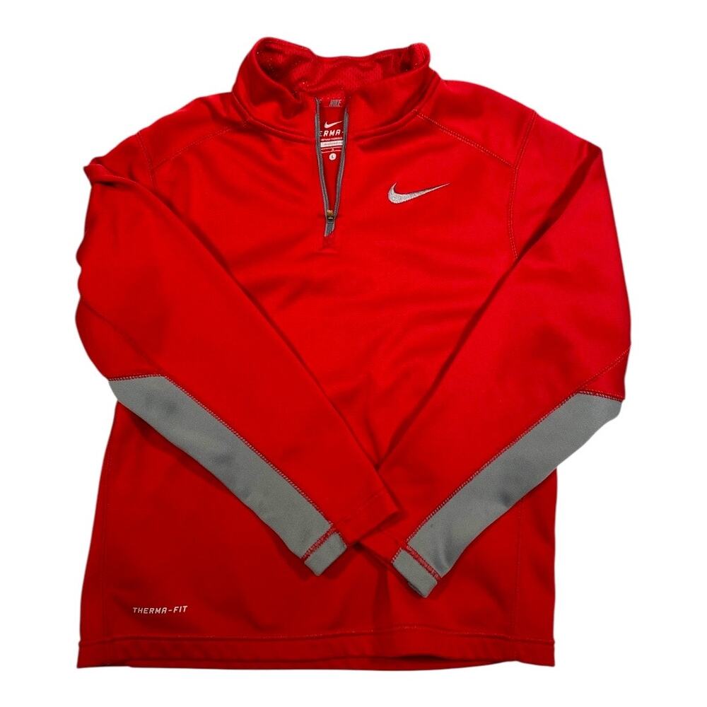 NIKE Therma-Fit 1/4 Zip Pullover Long Sleeve Running Red Gray Youth Sz L